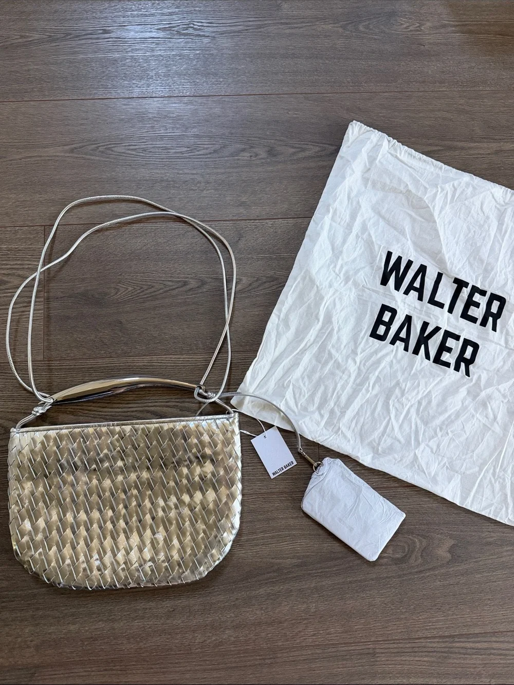 Walter Baker Leather Weaved Hazel Hobo Bag Silver Indsutrial Handle Metallic NEW